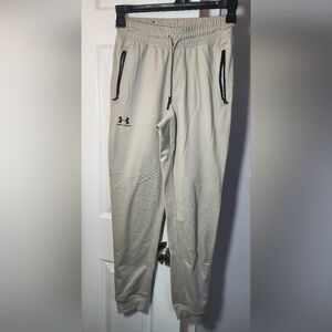 under armour jogger pants sz S tan cuff legs elastic tie waist zip pockets
